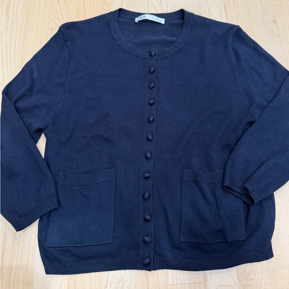 Zara Navy Crewneck cardigan sweater
